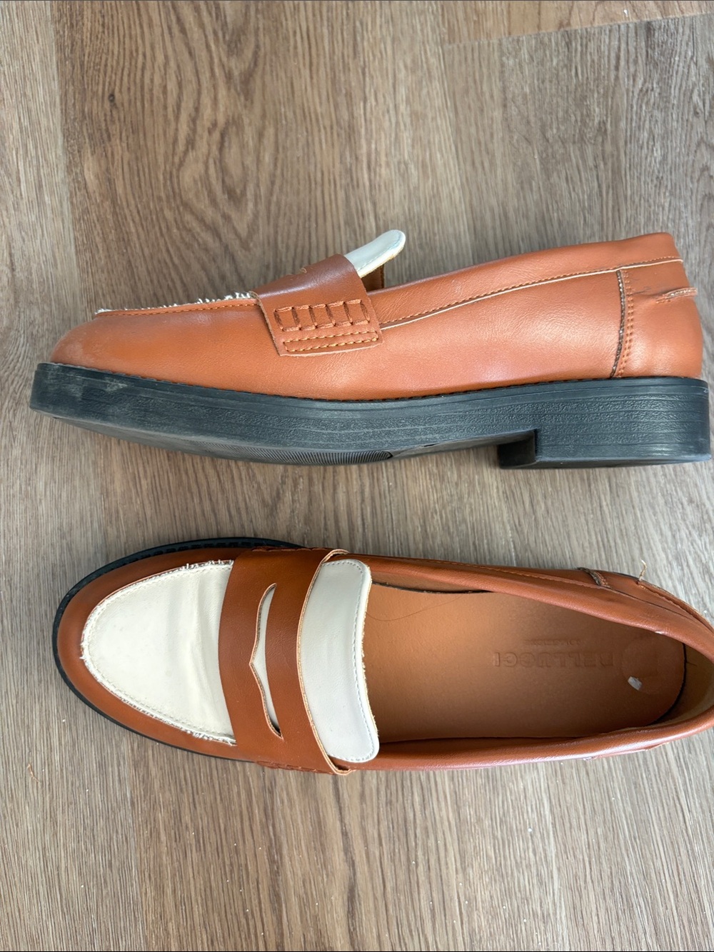 Two-Tone Tan and Cream Penny Loafers - Picture 5 of 6